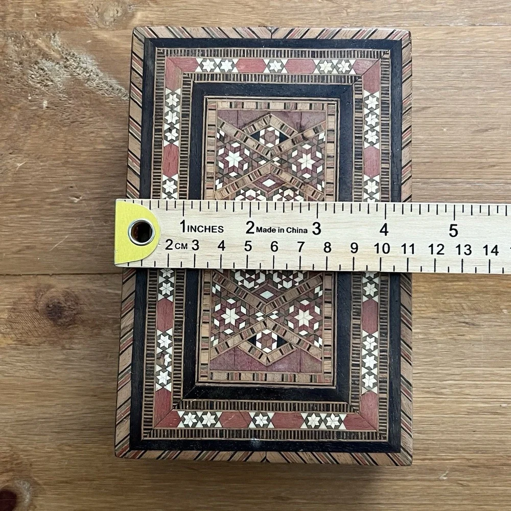 Vintage Handmade Inlaid‎ Wood Mosaic Marquetry Jewelry Trinket Box Artisan